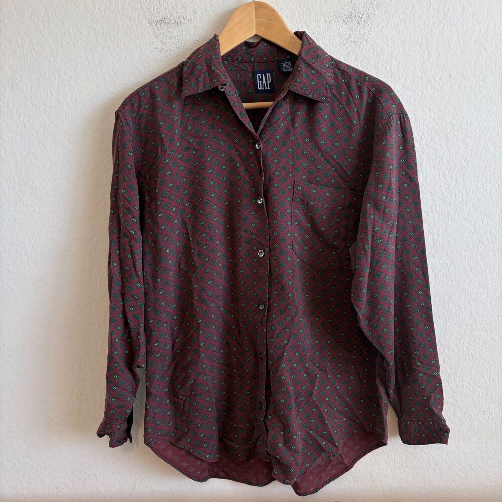GAP Vtg 90s Burgundy Floral Geometric Long Sleeve Button Down Shirt Mens Small
